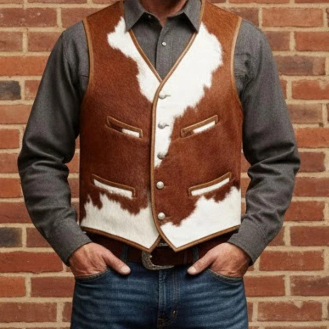 Handmade Genuine Hair-On Cowhide Leather Western Cowboy Ranch Vest Brown White..