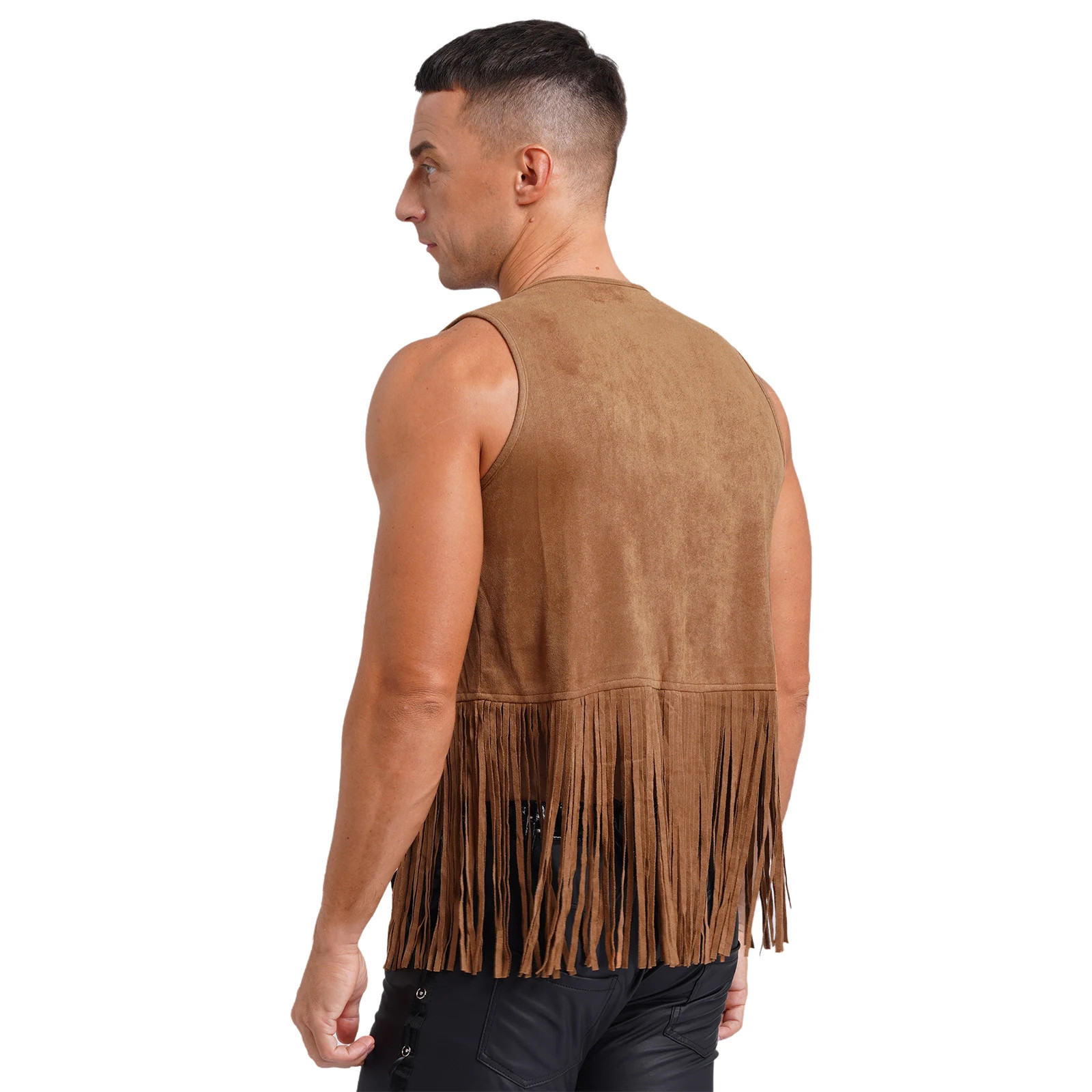 Mens Faux Suede Tassel Vest Western Cowboy Vest Fashion Rivets Fringe Waistcoat