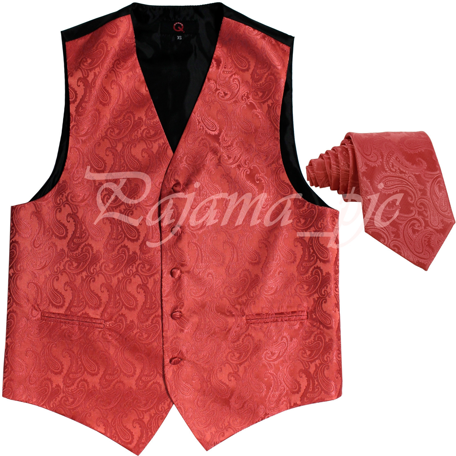 20-II CORAL XS to 6XL Paisley Tuxedo Suit Dress Vest Waistcoat & Neck tie Prom