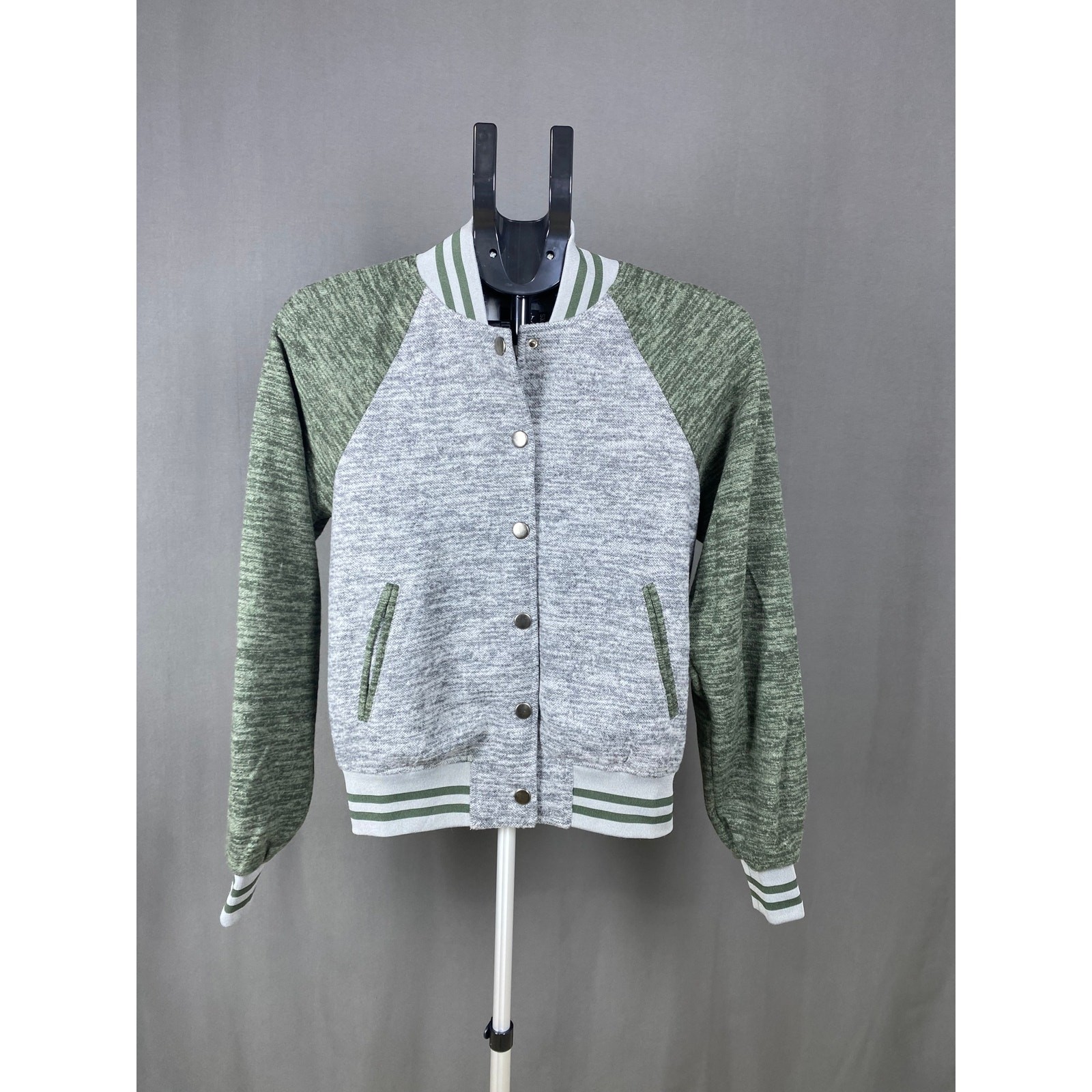 & Knit Raglan Varsity Bomber Jacket Grey Green XS NWOT