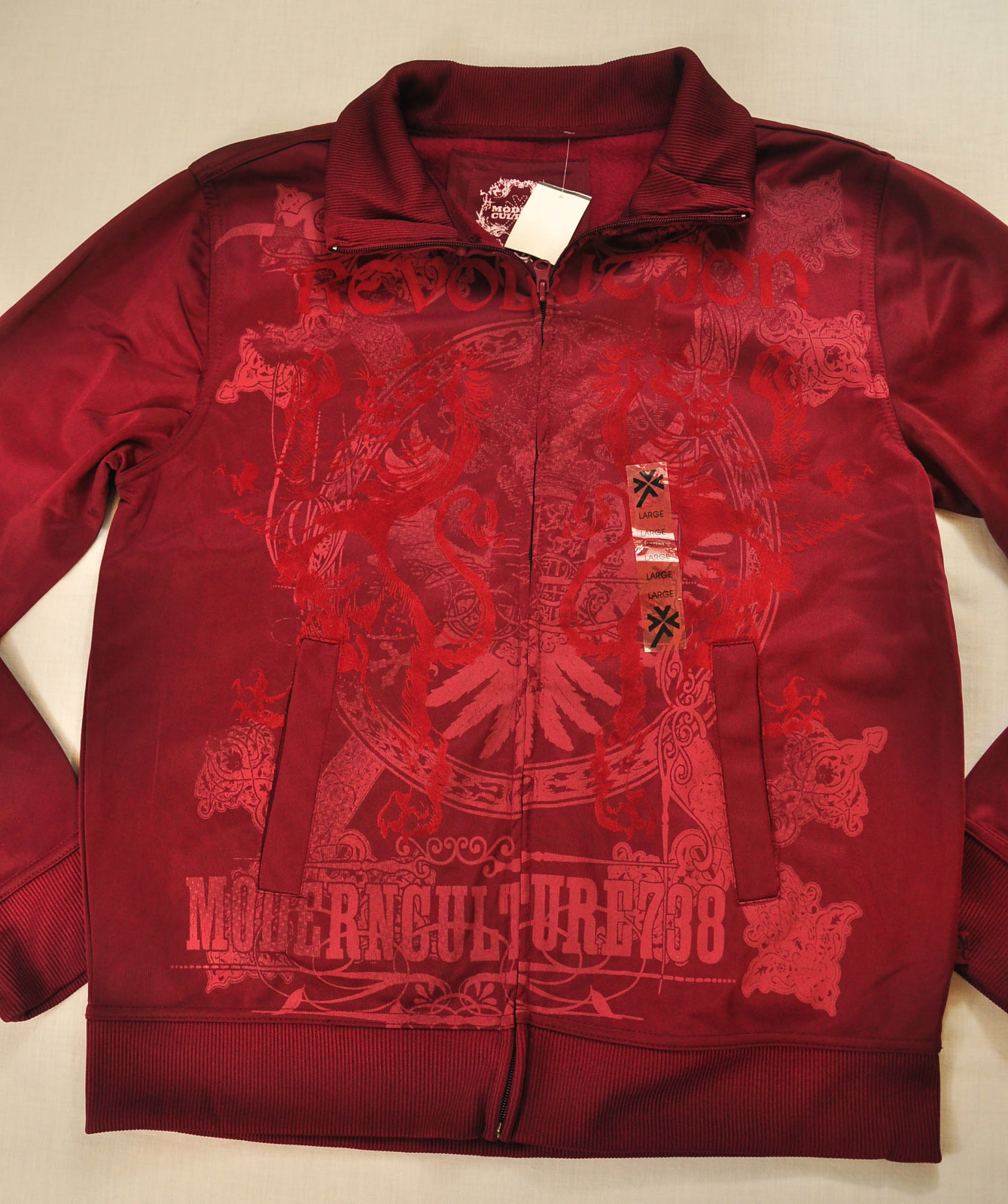 men’s Modern Culture jacket size large red zipper front collar printed design