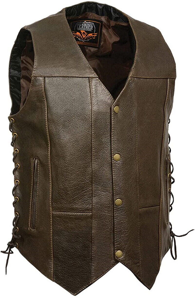 MILWAUKEE LEATHER MEN’S RETRO BROWN 10 POCKET SIDE LACE LEATHER VEST – USAMX