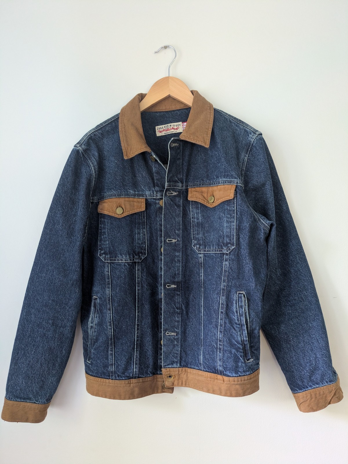 Zara Denim Stuff Men’s Blue Denim Jacket Brown Corduroy Trim Size L Vintage