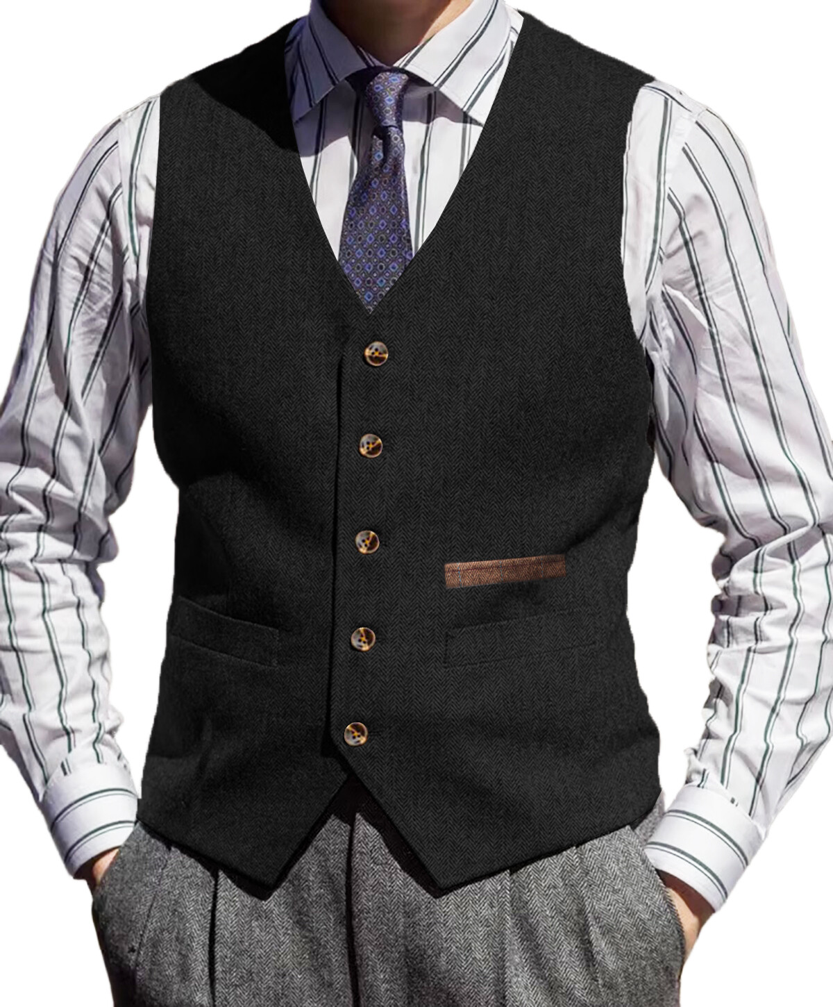 Tweed Vest Mens V-Neck Grooms Waistcoat Wool Waistcoat Herringbone Vintage Retro