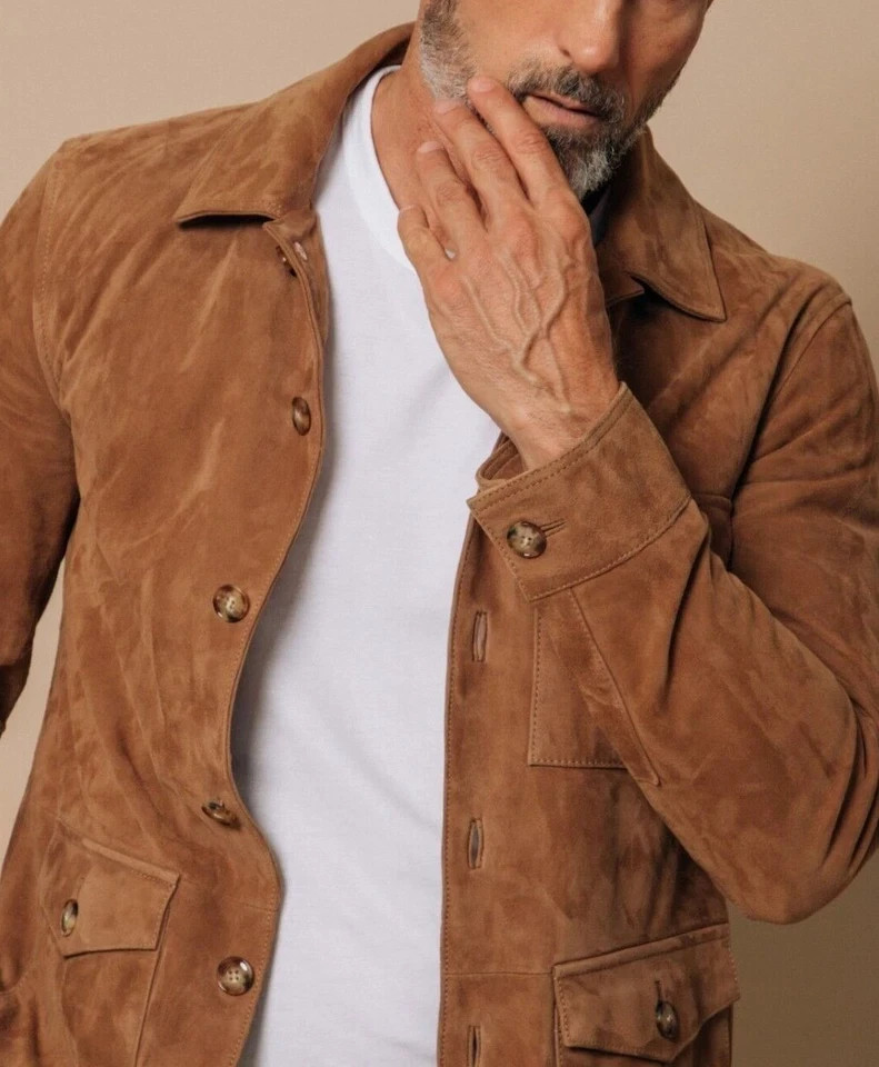 Men’s Genuine Brown Suede Leather Jacket – Handmade – Sizes XS to 3XL