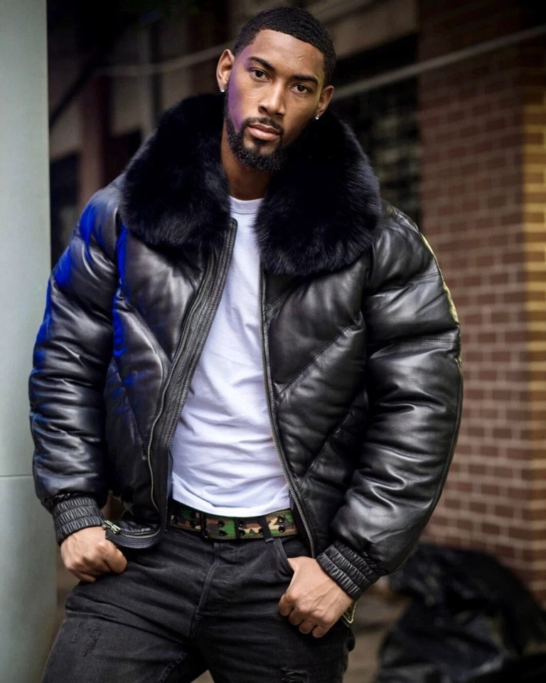 Men’s V Bomber Quilted Puffer Black Real Leather Winter Jacket Fur Collar