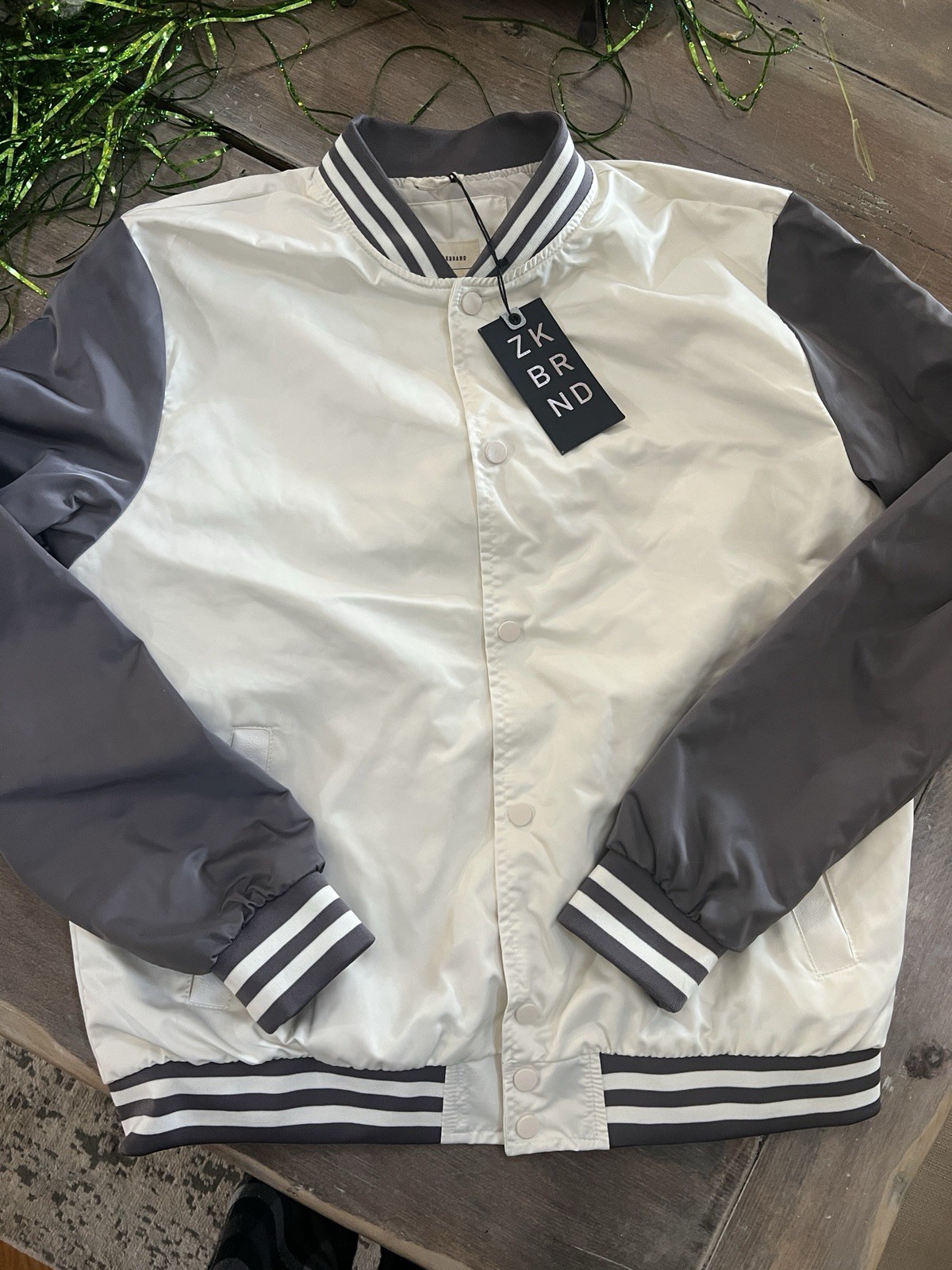 Zak Brand Bomber Satin Jacket Bone & Grey
