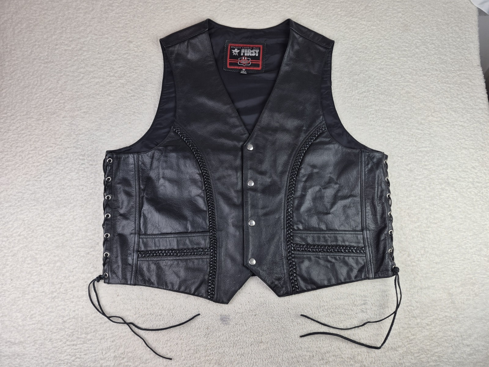 First MFG Leather Motorcycle Vest Mens size 4X Black Biker Braided Lace Up M607