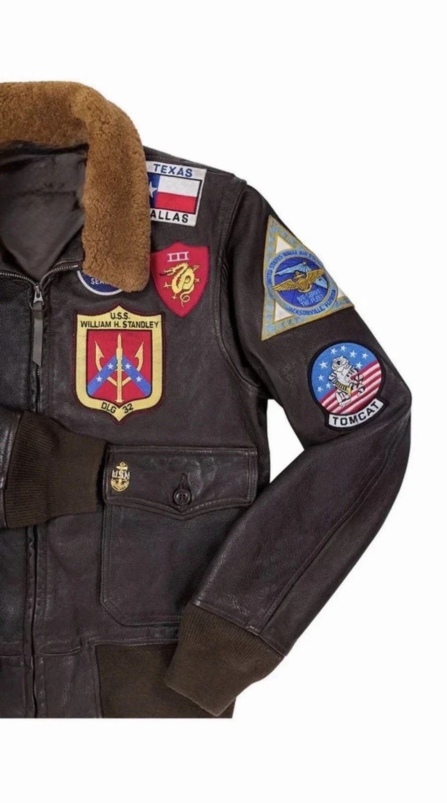 Men’s Maverick Top Gun Pilot Genuine Leather Bomber Aviator Jacket Embroidered