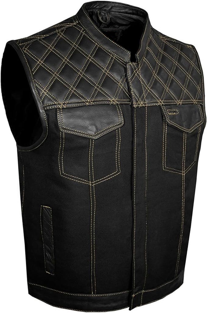 Men’s SOA Denim & Leather Vest Club Concealed Carry Gun Pockets Multicolor