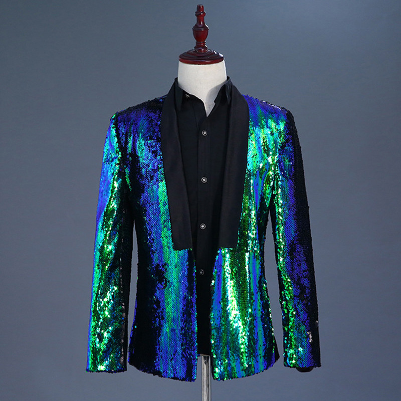 Men Reversible Two Tone Shiny Sequins Jacket Suit Blazer Fancy Dress Outfit Sets