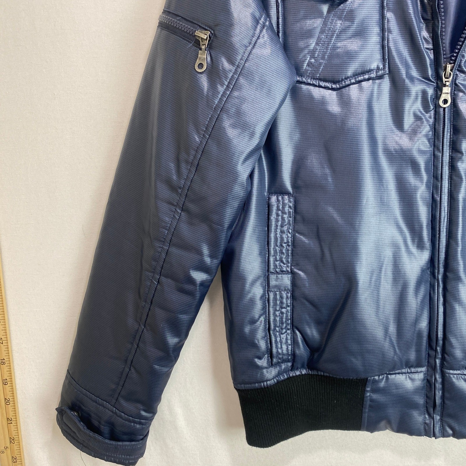 G by GUESS Mens Blue Metallic Bomber Jacket Small Shiny Full Zip Moto Coat