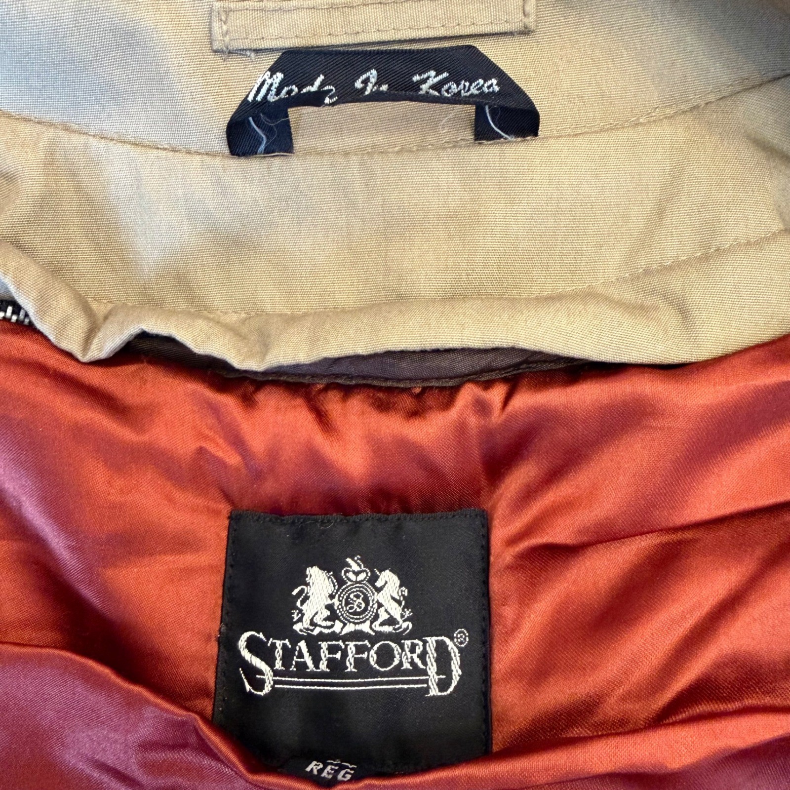 Stafford Lined Trench Coat Khaki Size 44 Double Breasted Belted Vintage Korea
