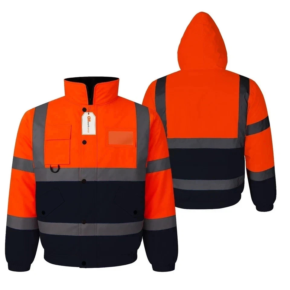 Hi-Vis Padded Bomber Jacket Thermal Quilted 300D Oxford RIS Rail Safety Workwear