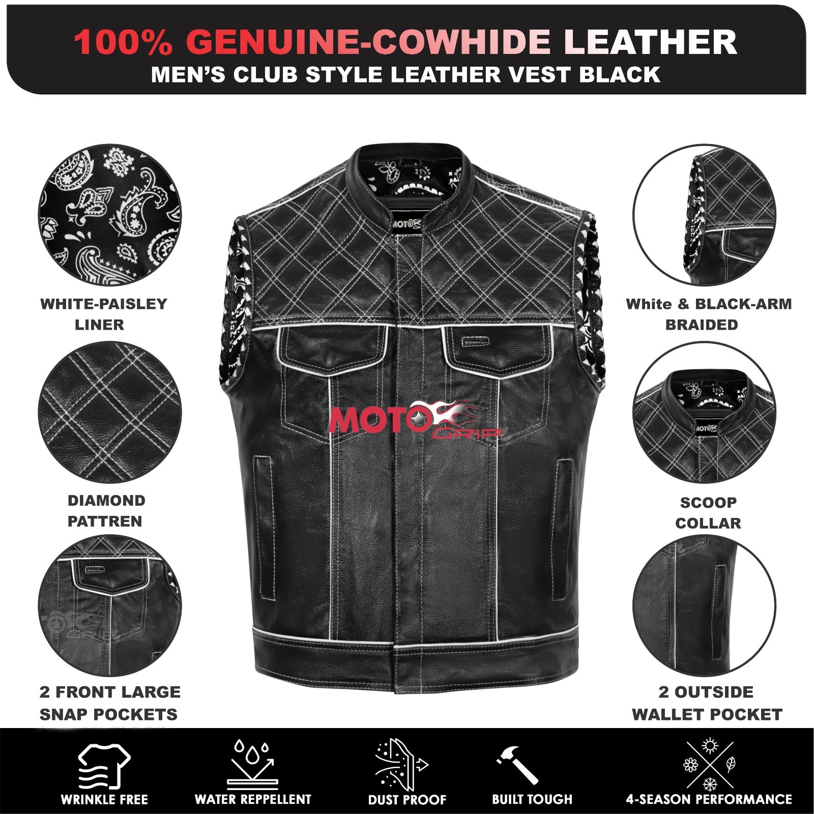 Men’s Black Leather Vest Diamond Motorbike Motorcycle Concealed White Waistcoat