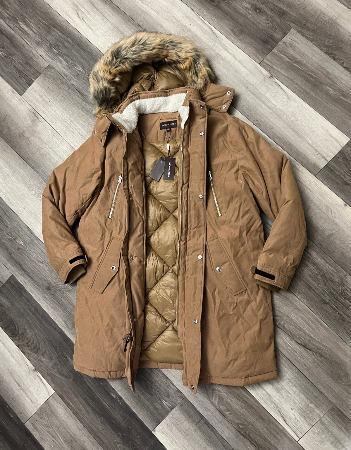 Michael Kors Mens Faux Fur Trim Hooded Parka Coat Jacket Dark Camel Brown XL