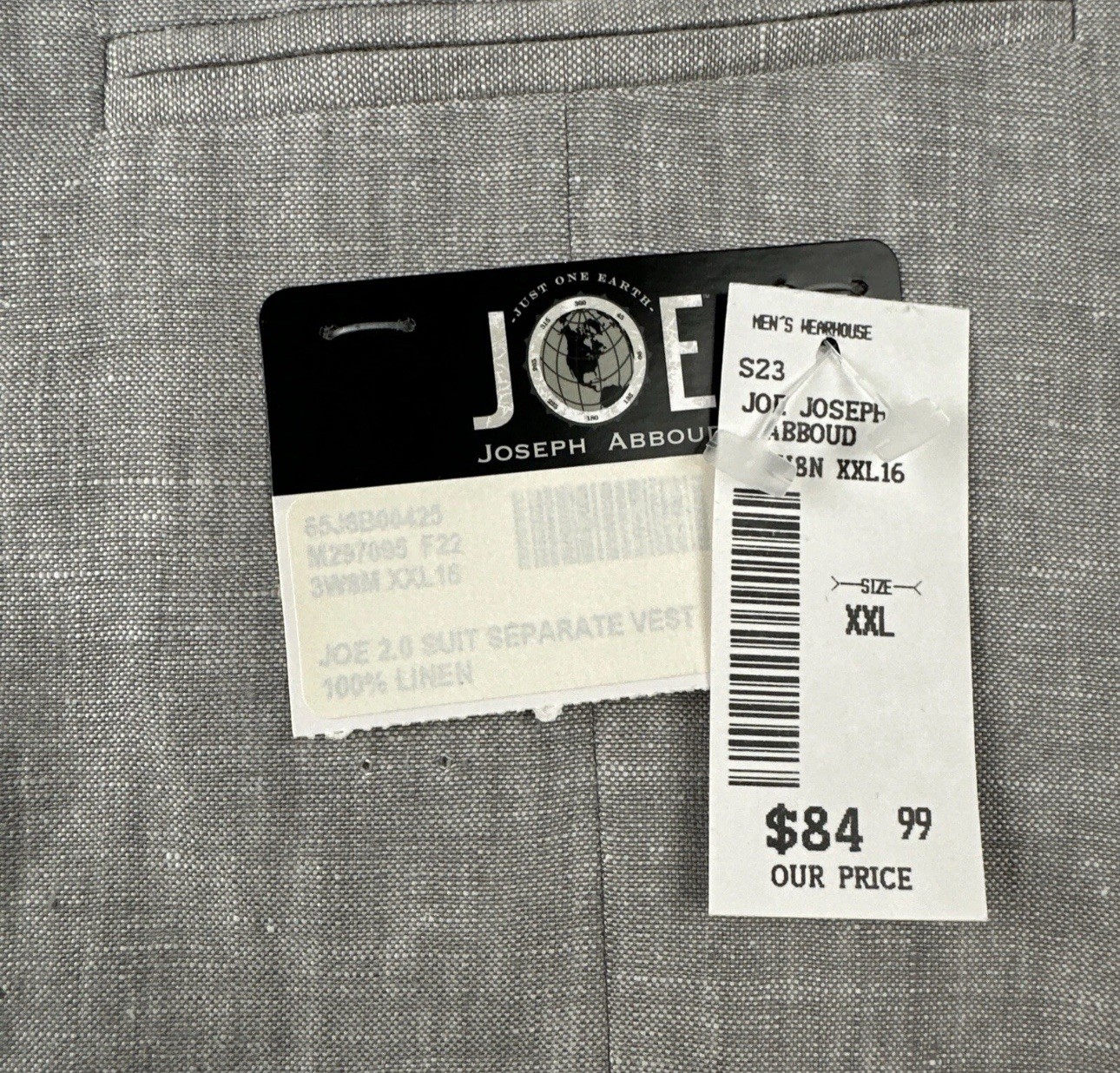 Men’s Gray Linen Suit Vest Size XXL JOE Joseph Abboud Wedding Slim Fit NWT C10
