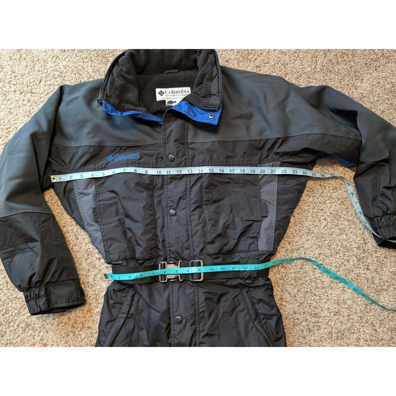 Columbia Vintage 1Pc Ski Suit Mens S Black Blue Trim Belted One Piece Snowsuit