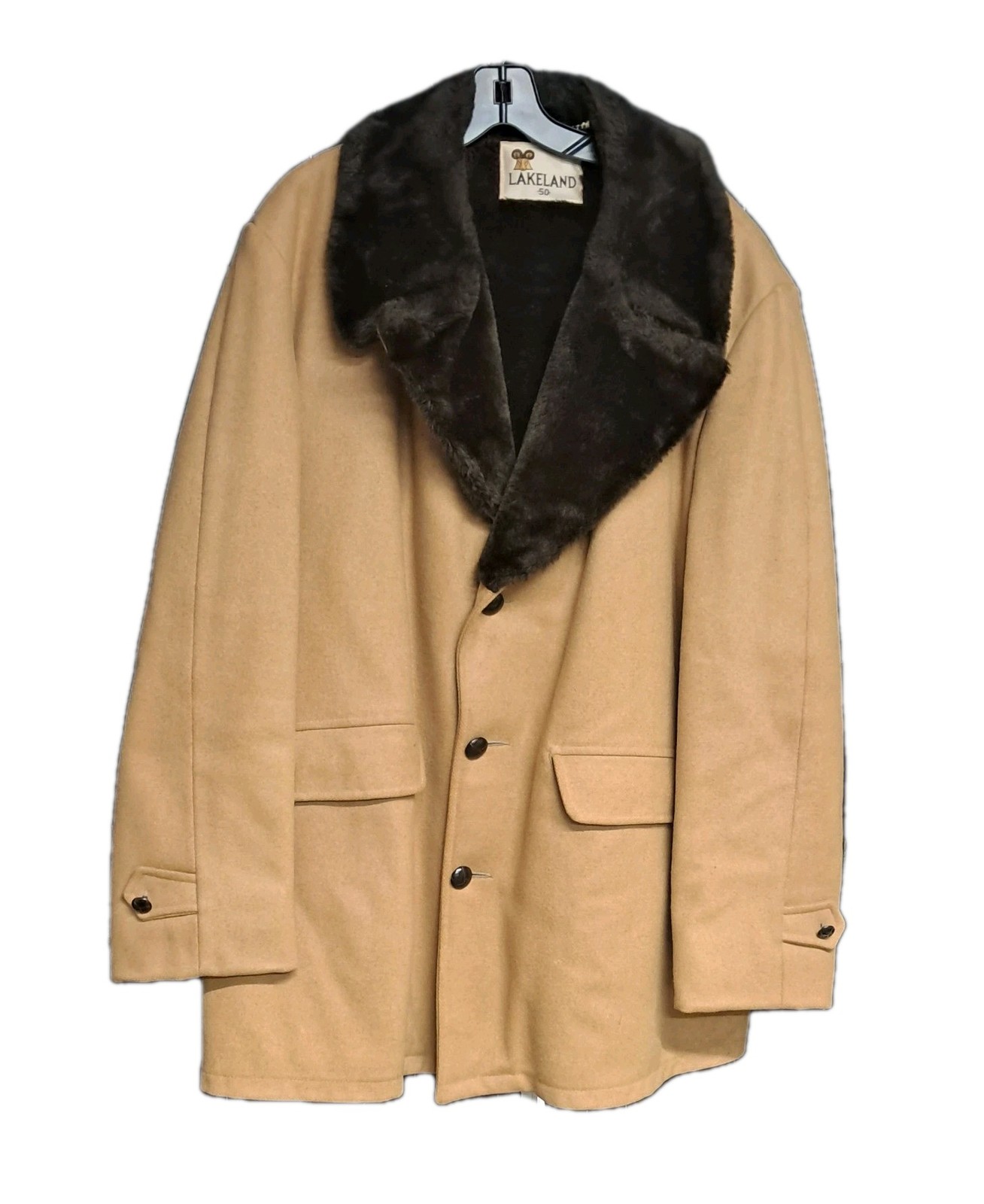 Lakeland Wool Coat Men’s 50 Vintage Faux Fur Lined Tan Overcoat Quiet Luxury USA