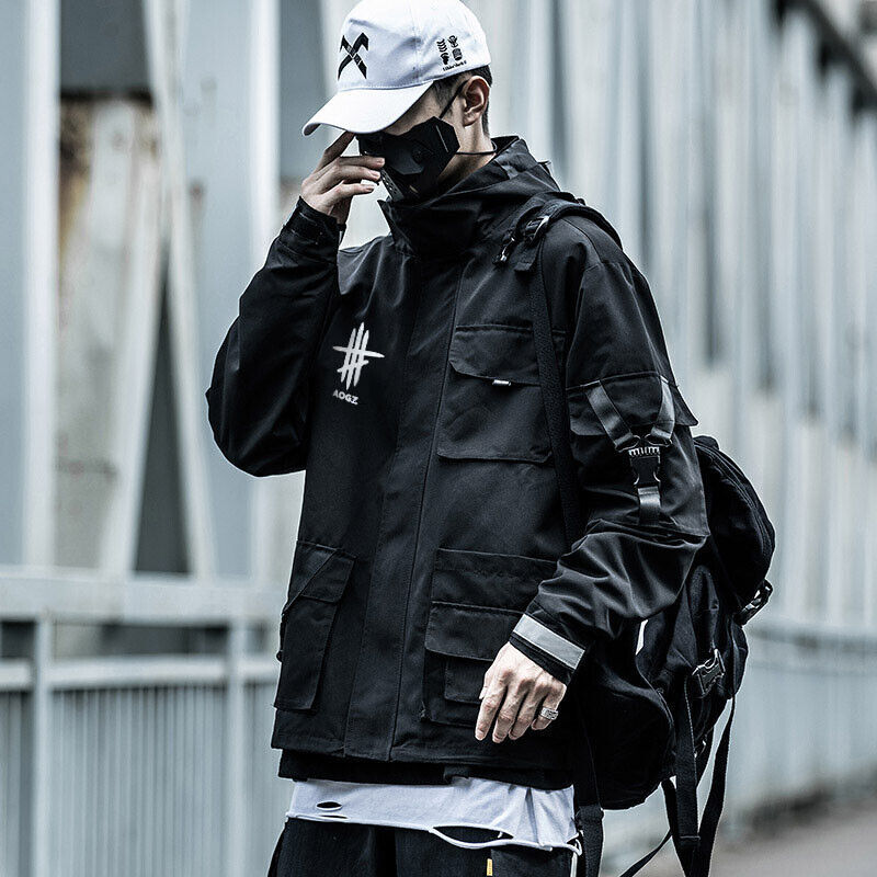 Niepce Techwear Cargo Jacket Streetwear Fashion Black Zipper Windbreaker Coat