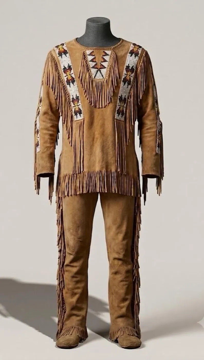Traditional Buckskin War Shirt Set, Genuine Suede Leather Beaded Powwow Regalia