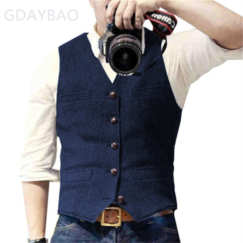 Formal Men Herringbone Double-Breasted Tweed Waistcoat Vest Wedding Vintage Wool