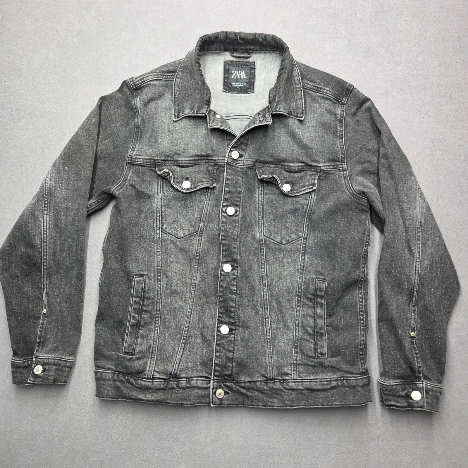 Zara Mens Denim Jacket XL Black Washed Trucker Button Up Coat