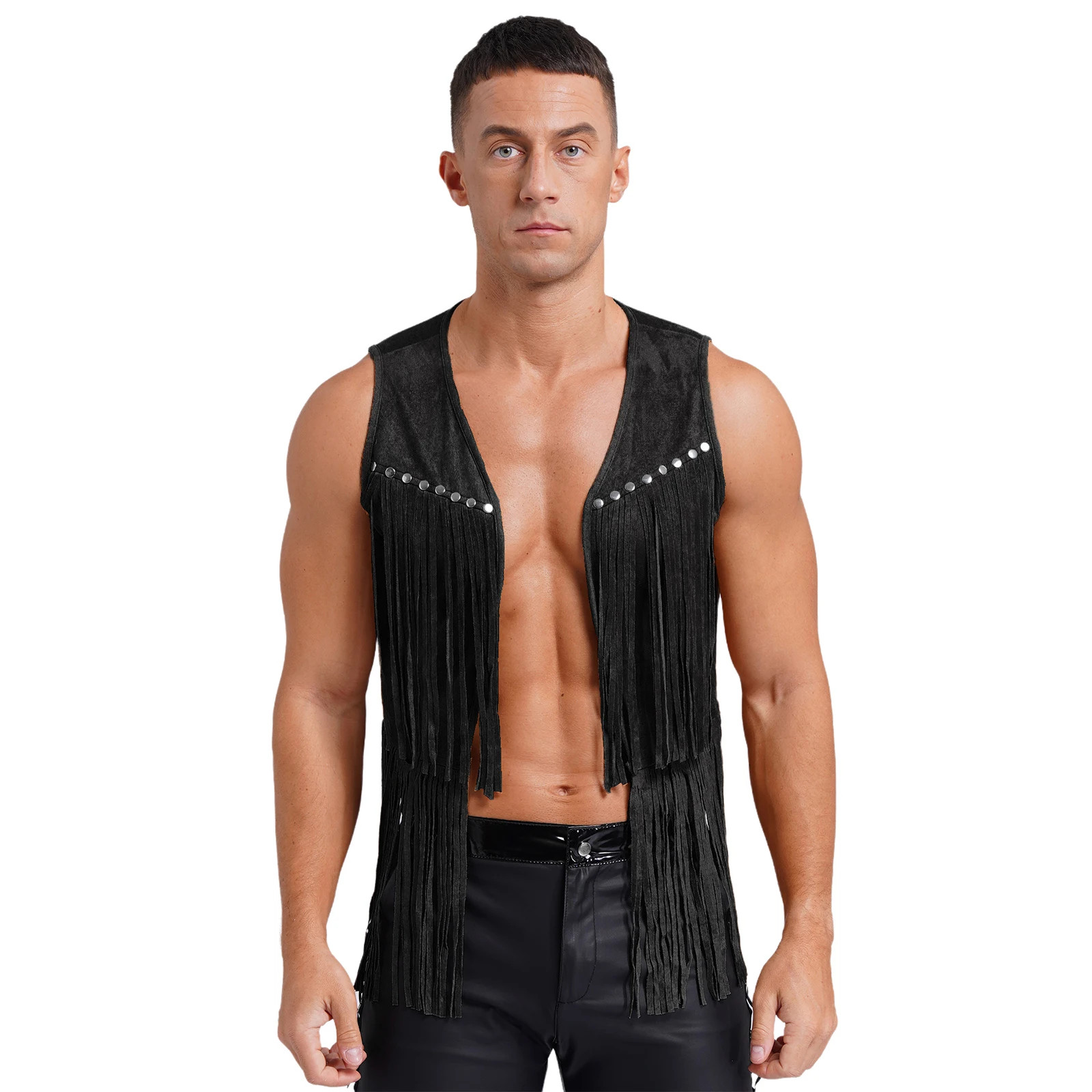 Mens Faux Suede Tassel Vest Western Cowboy Vest Fashion Rivets Fringe Waistcoat