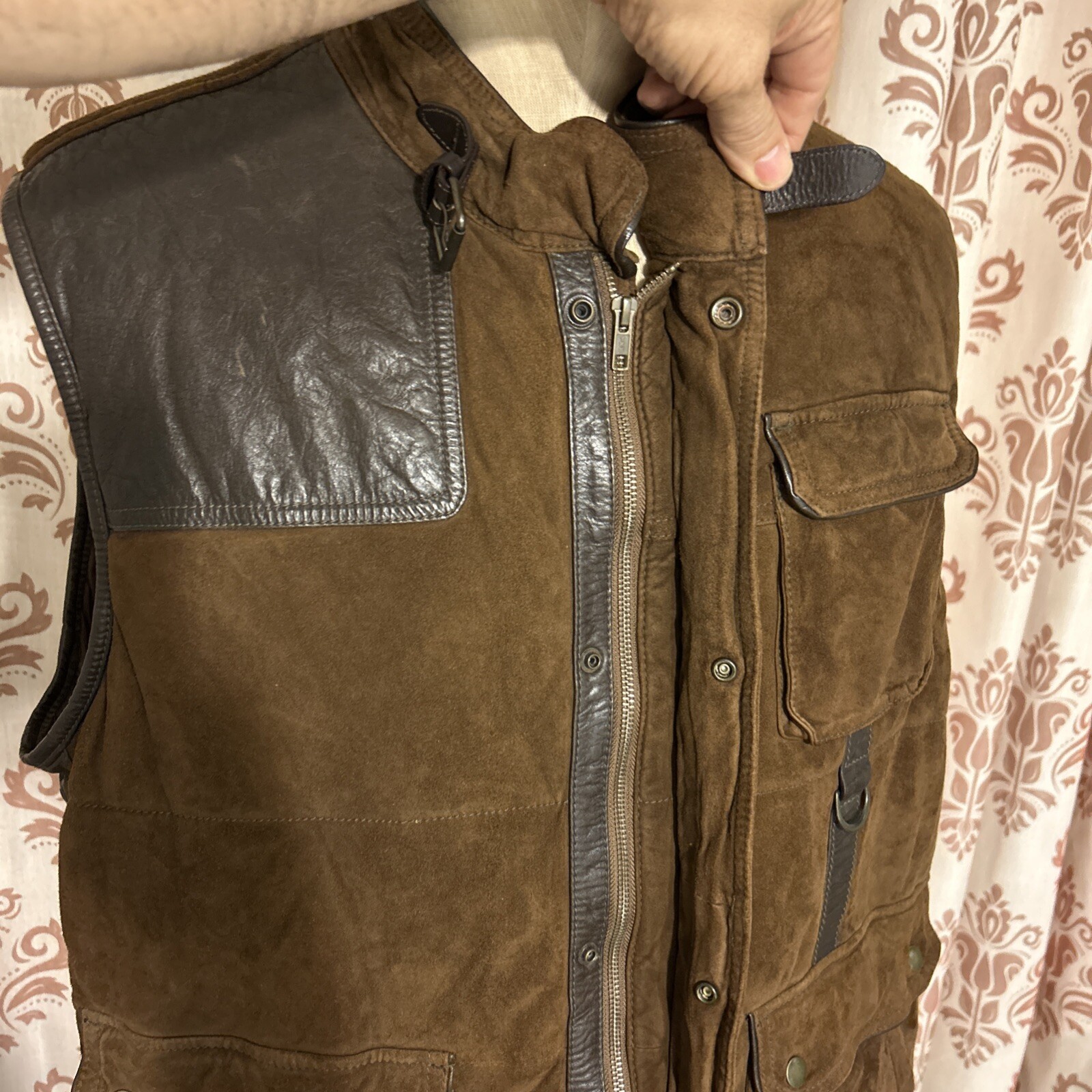 Daniel Cremieux Leather Vest Men Brown Medium Full Zip Button Belted Collar 2XB