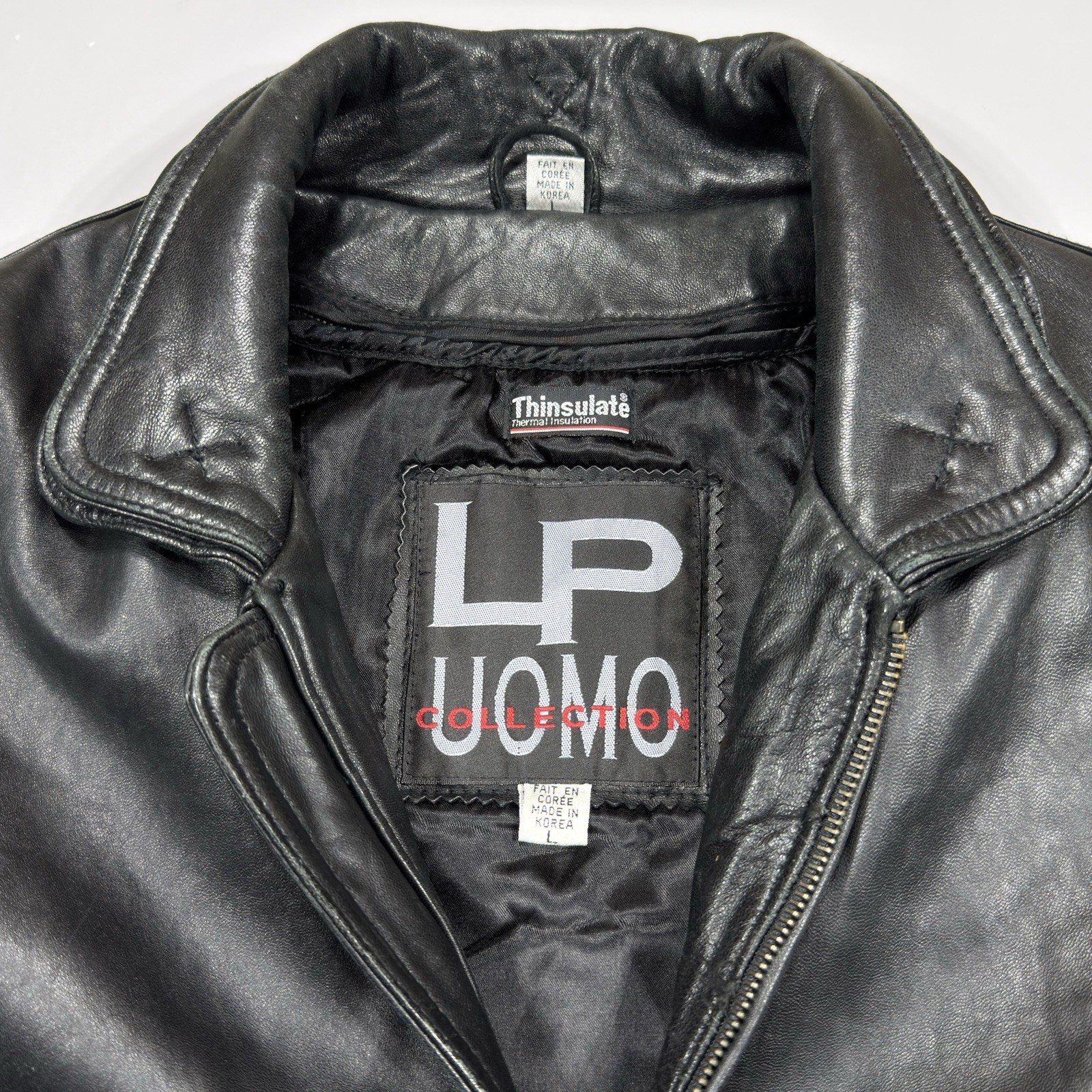 VTG LP Uomo Black Leather Flight Bomber Jacket Mens Large 3M Thinsulate Liner
