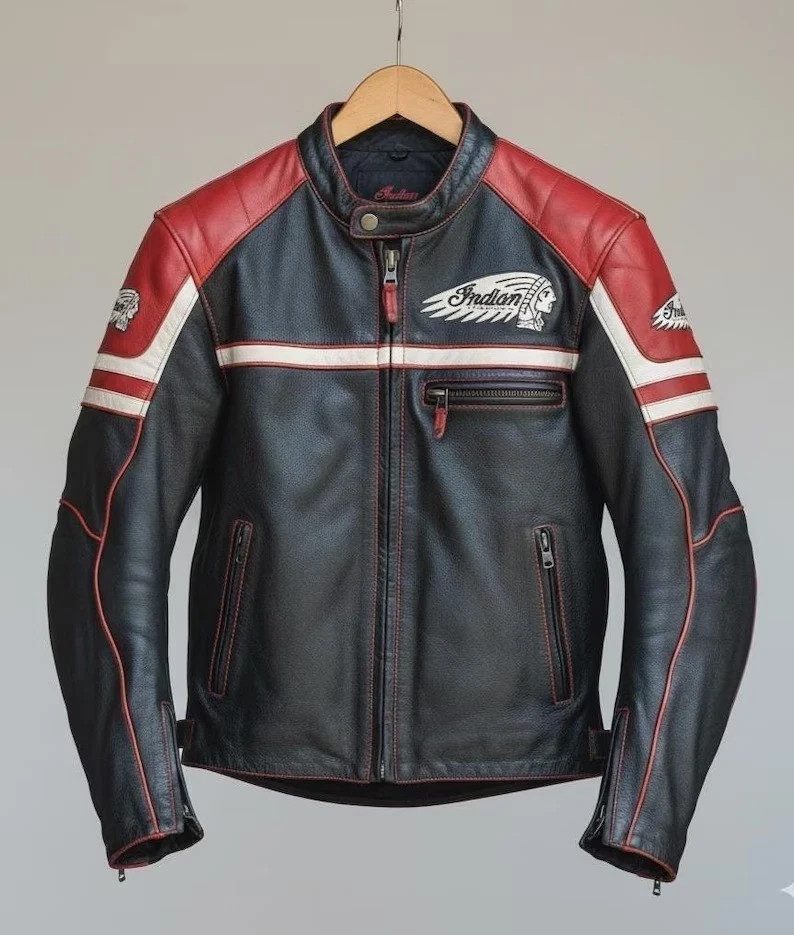 Men Indian Motorcycle Genuine Cowhide Leather Jacket Cruiser Biker Rider jacket