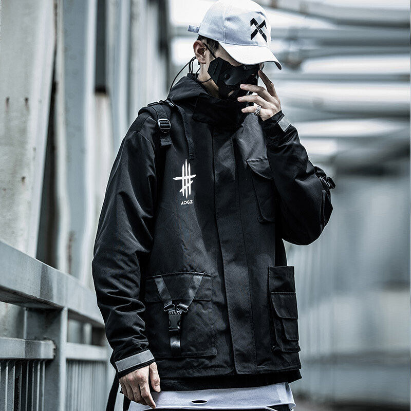 Niepce Techwear Cargo Jacket Streetwear Fashion Black Zipper Windbreaker Coat
