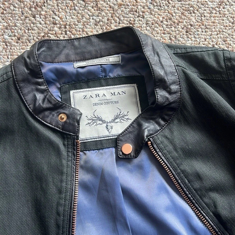 Zara Man Black Denim/Leather Biker Jacket Full Zip Collar Size XL