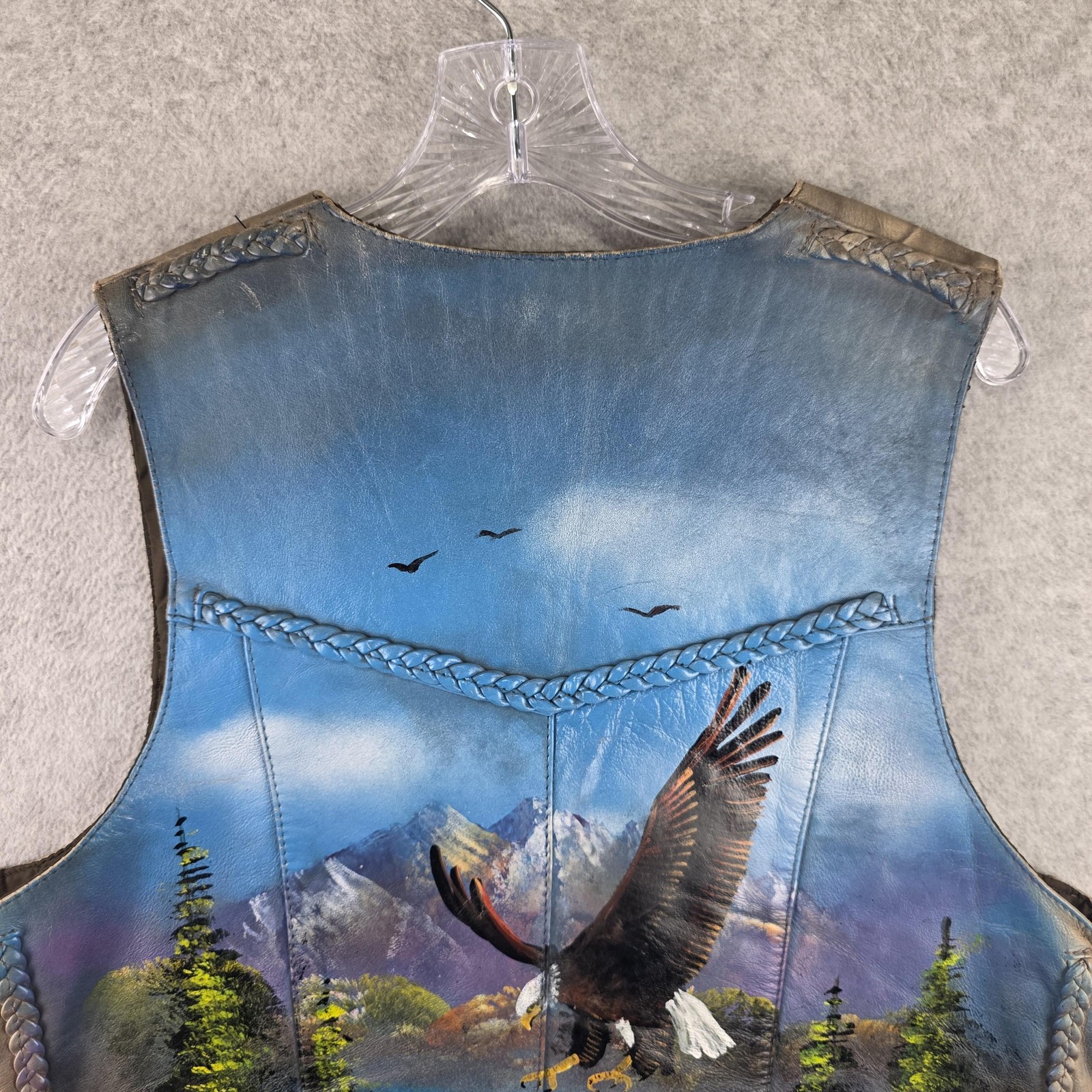 The Leather Shop Vest Mens XL Brown Leather Eagle Scenic Biker Lace Up Vest