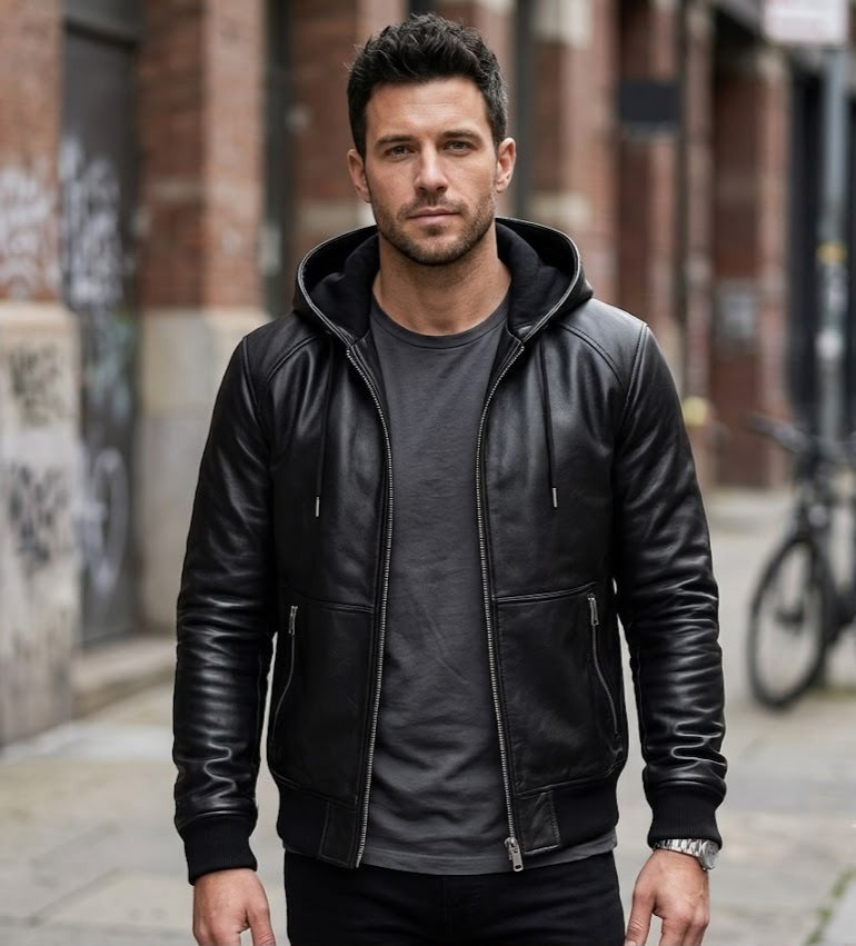 Men’s Black Leather Hooded Jacket Casual Slim Fit Bomber Outerwear Coat Soft
