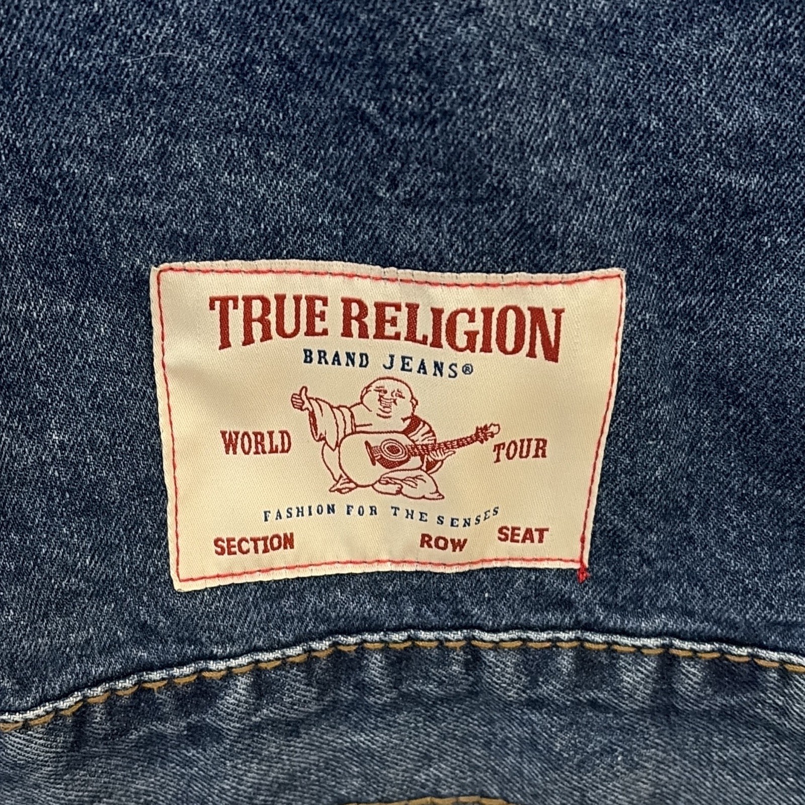 True Religion Men’s Big T Denim Jacket Size L Blue Button Front Pockets 109103C