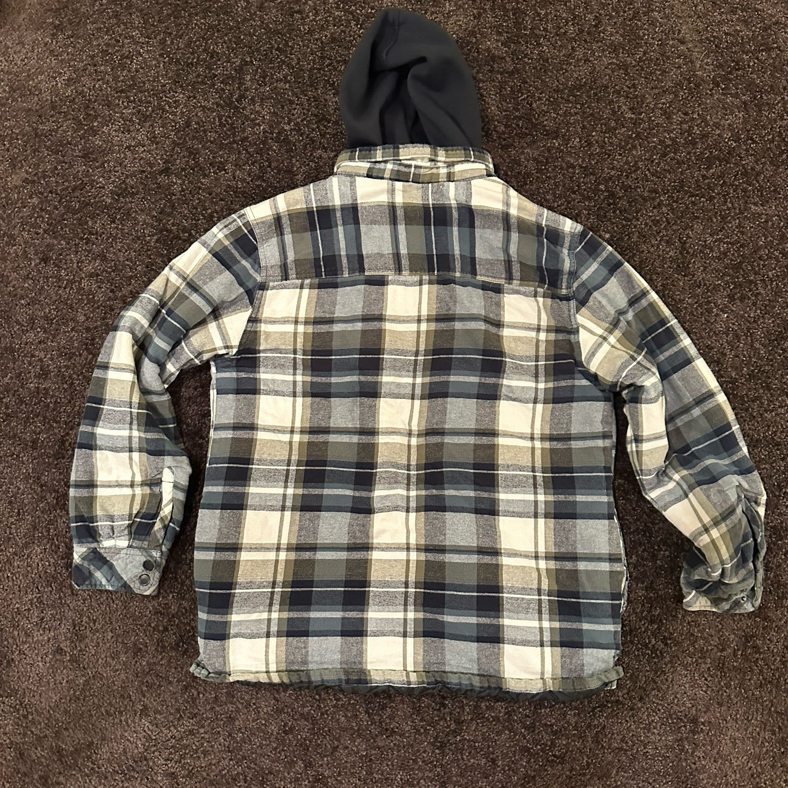 Boston Trader Blue Plaid Puffer Flannel Hooded Jacket Shacket Mens Medium Lined