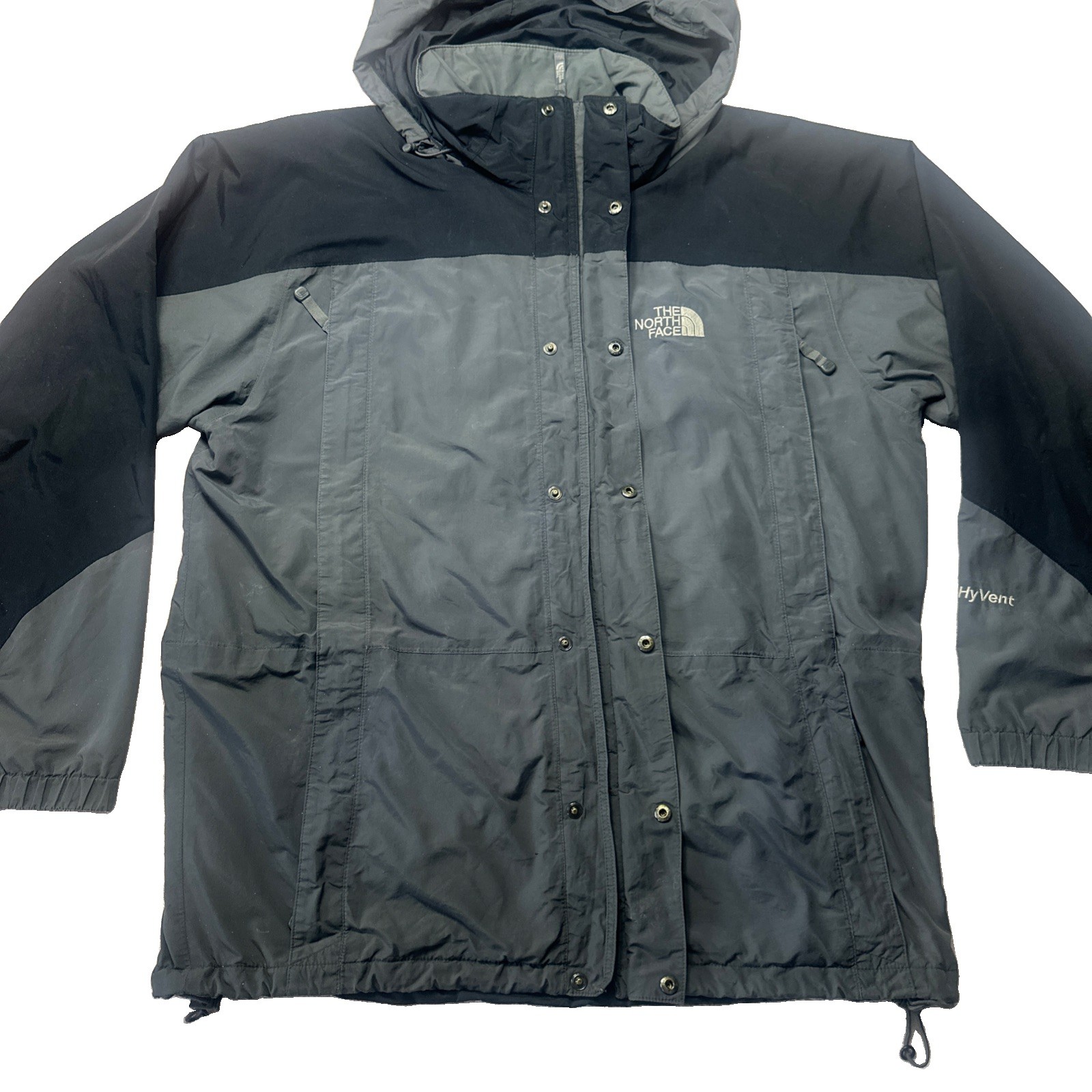 The North Face HyVent Mens Large Gray and Black Jacket Soft Shell Hooded Size L