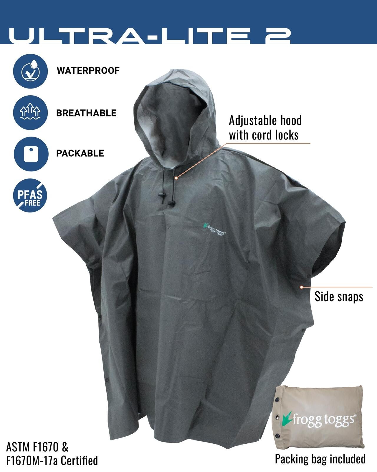 FROGG TOGGS Ultra-Lite2 Waterproof Breathable Rain Poncho – One Size Fits Most