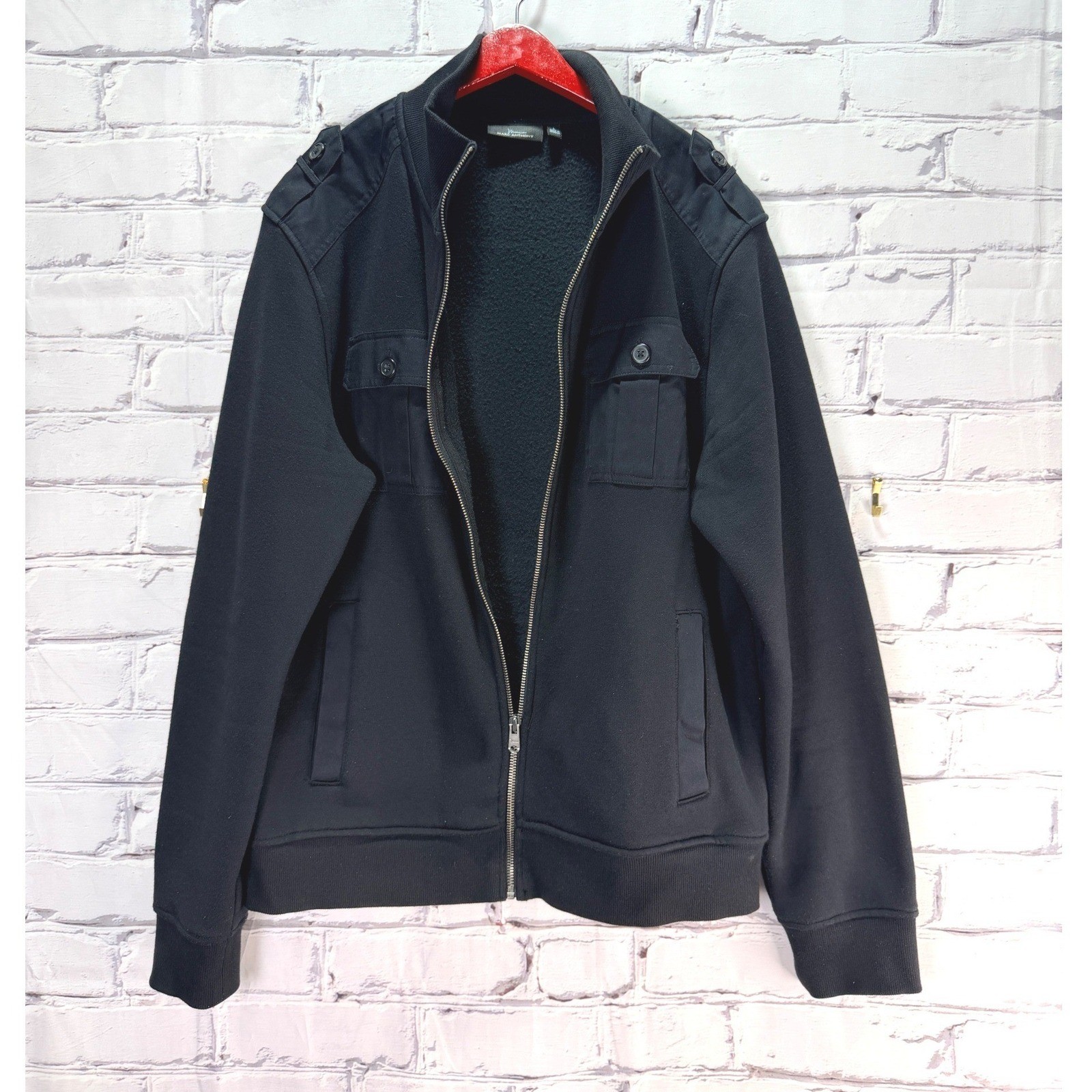 Marc Anthony Military Jacket Mens L Black Full Zip Utility Cargo Epaulets Cotton