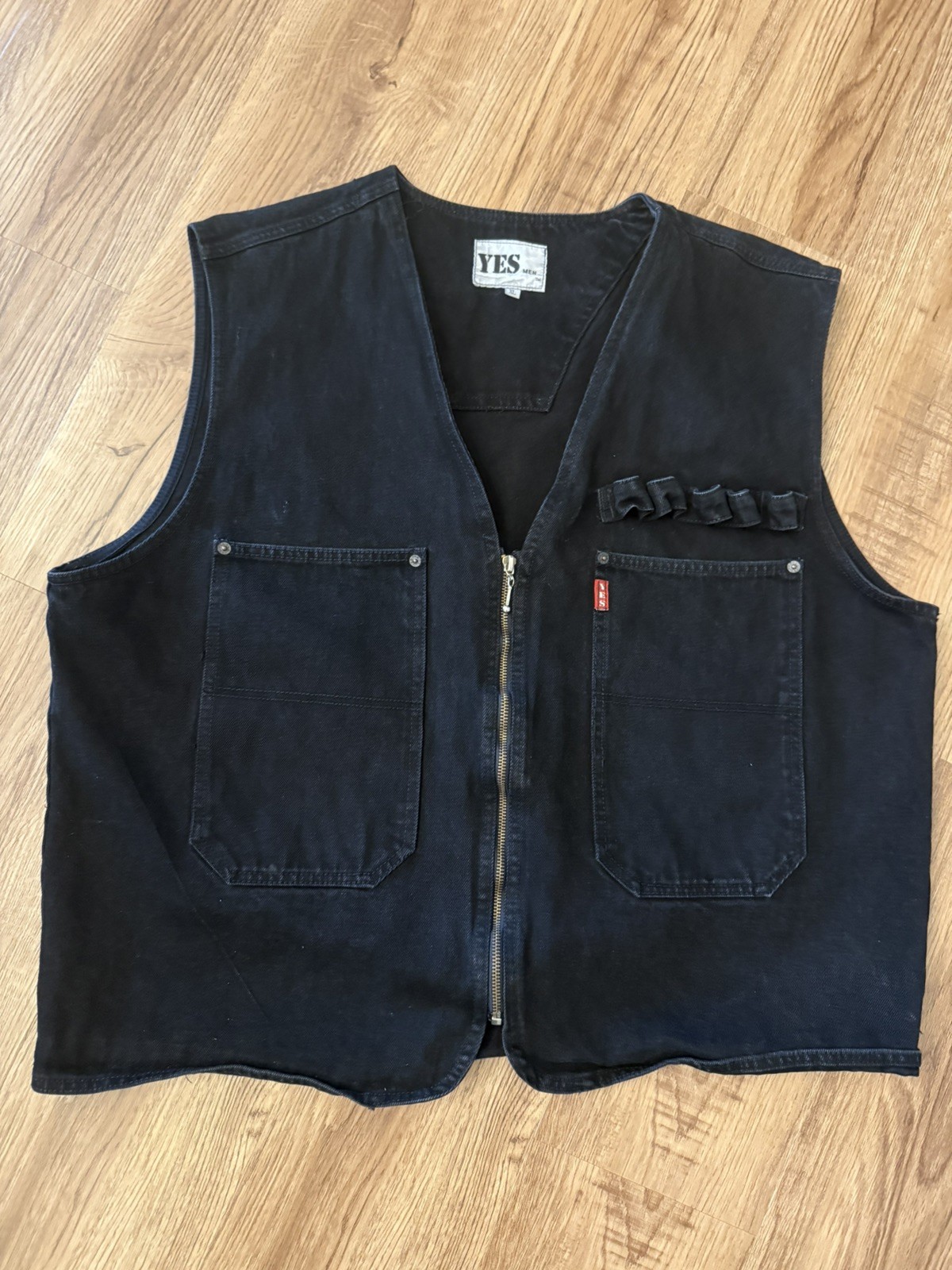 Vintage Yes Men Clothing Co XL Black Denim Vest Workwear Full Zip Sleeveless USA
