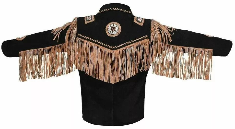 Men’s Vintage Western Fringe Jacket Genuine Suede Leather Cowboy Coat
