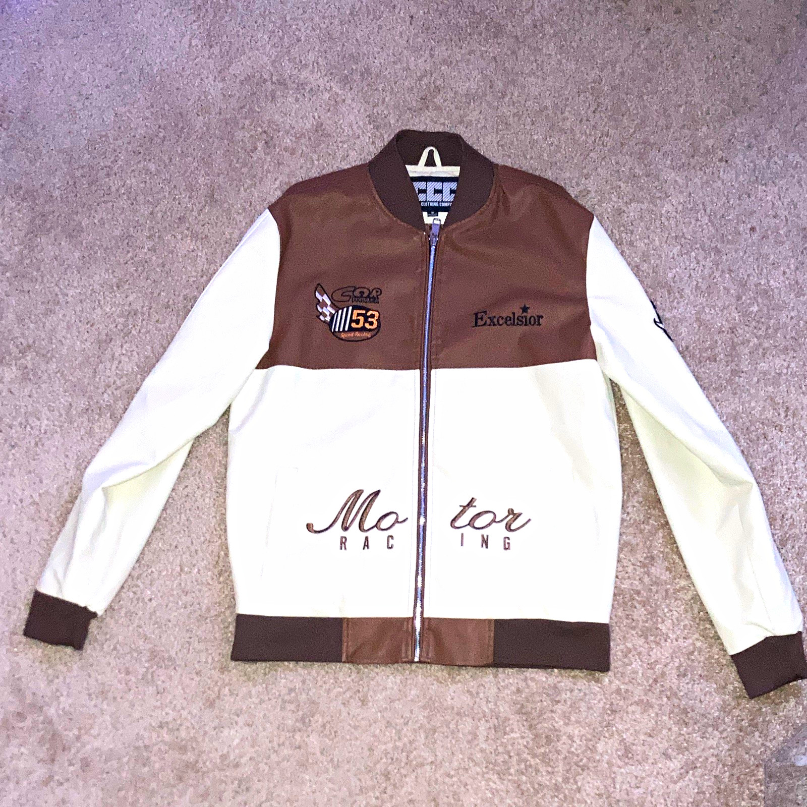 Chor Clothing Company Men’s Motor Racing Full Zip Bomber Jacket Brown/White M