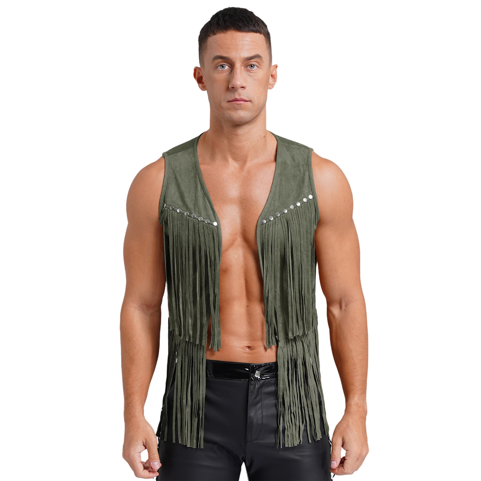 Mens Faux Suede Tassel Vest Western Cowboy Vest Fashion Rivets Fringe Waistcoat