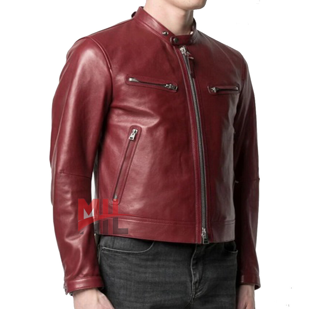 New Handmade Men’s Maroon Genuine Cowhide Leather Fashion Biker Jacket