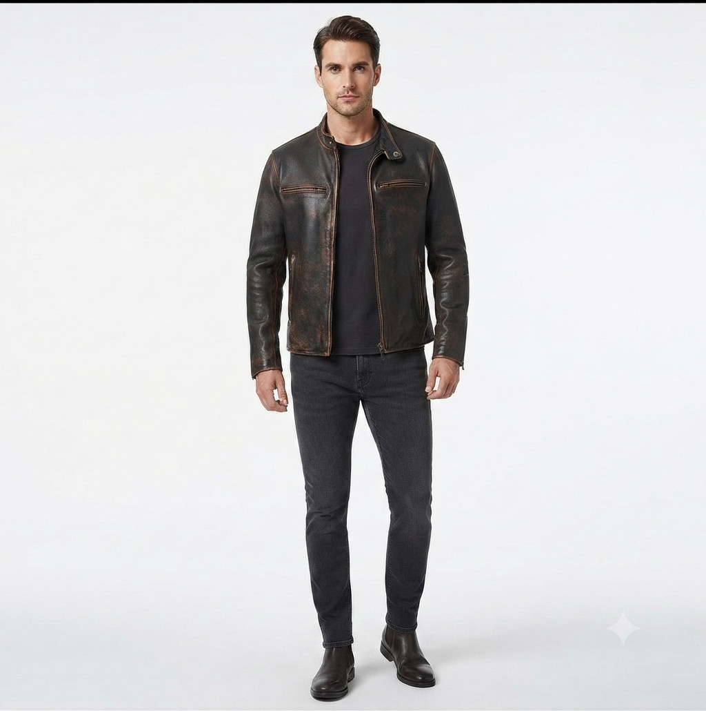 Men’s Motorcycle Biker Vintage Cafe Racer Distressed Brown Real Leather Jacket