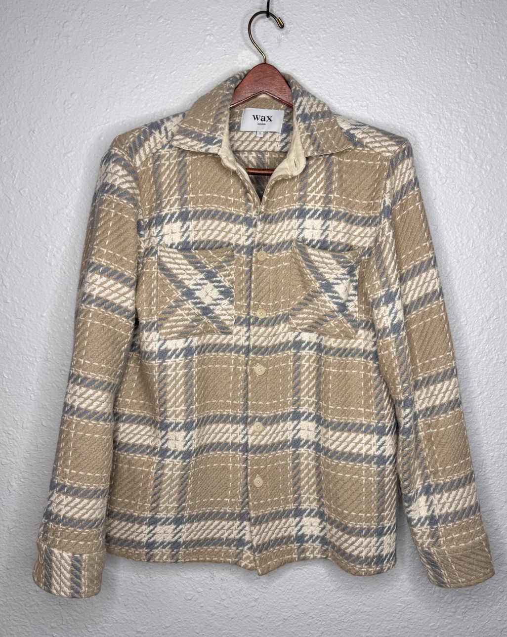 Wax London Whiting Overshirt Jacket Small Plaid Heavy Cotton Shacket Beige Blue