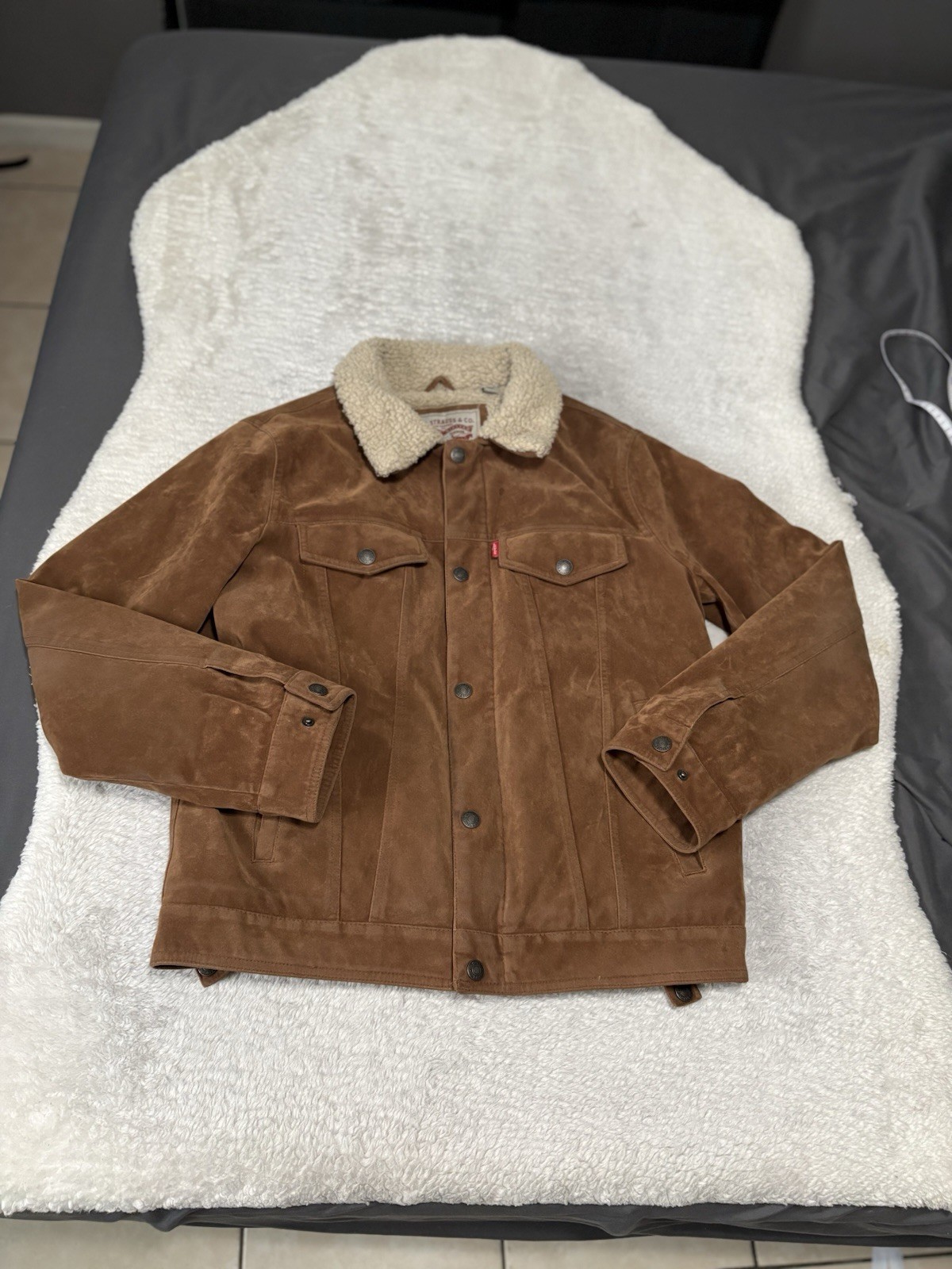 Levi Strauss Faux Suede Sherpa Lined Western Brown Zip Up Trucker Jacket Small