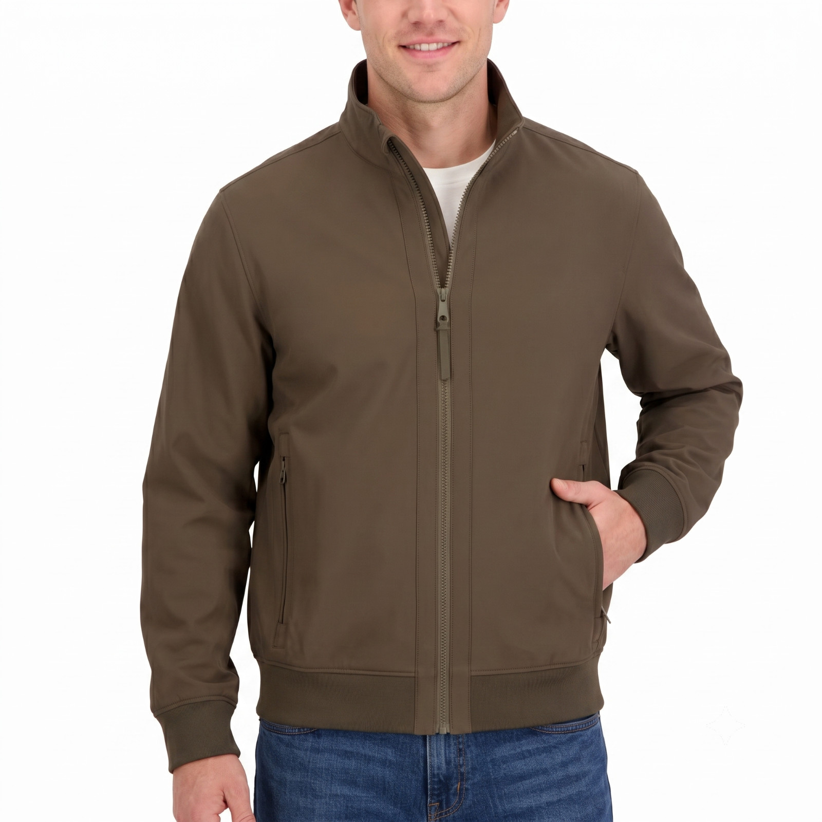 Kirkland Signature Men’s Softshell Bomber Jacket 4-Way Stretch Black Navy Brown