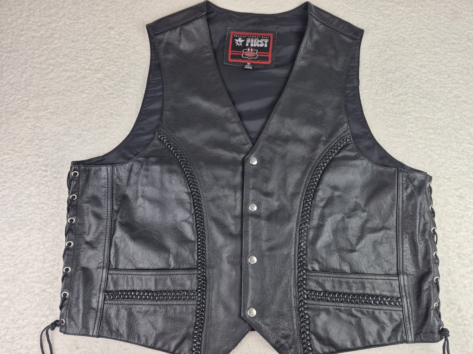 First MFG Leather Motorcycle Vest Mens size 4X Black Biker Braided Lace Up M607
